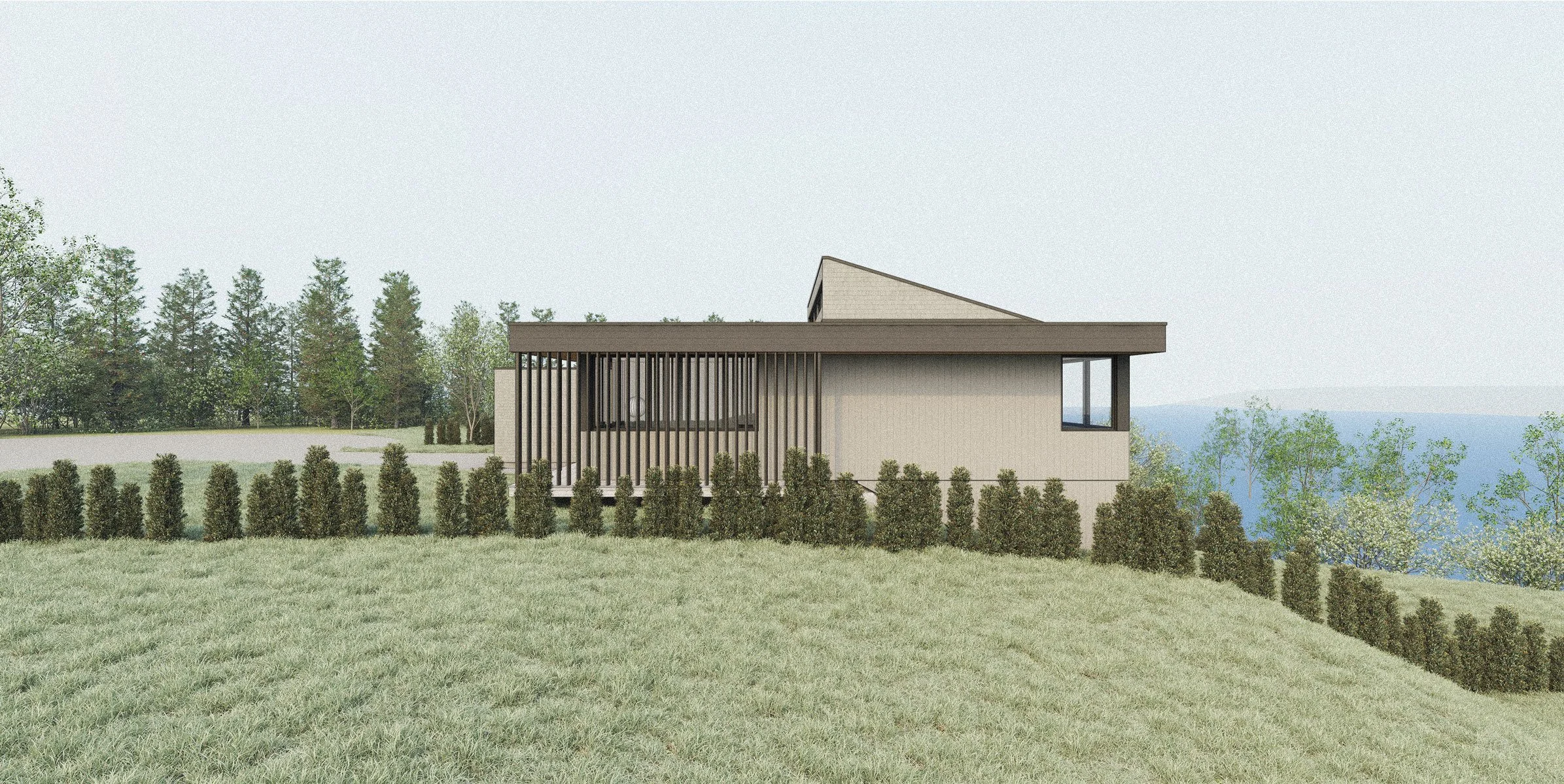 Façade trois-quarts ouverte sur l'estuaire — fenestration tournée vers le fleuve et l'Île d'Orléans