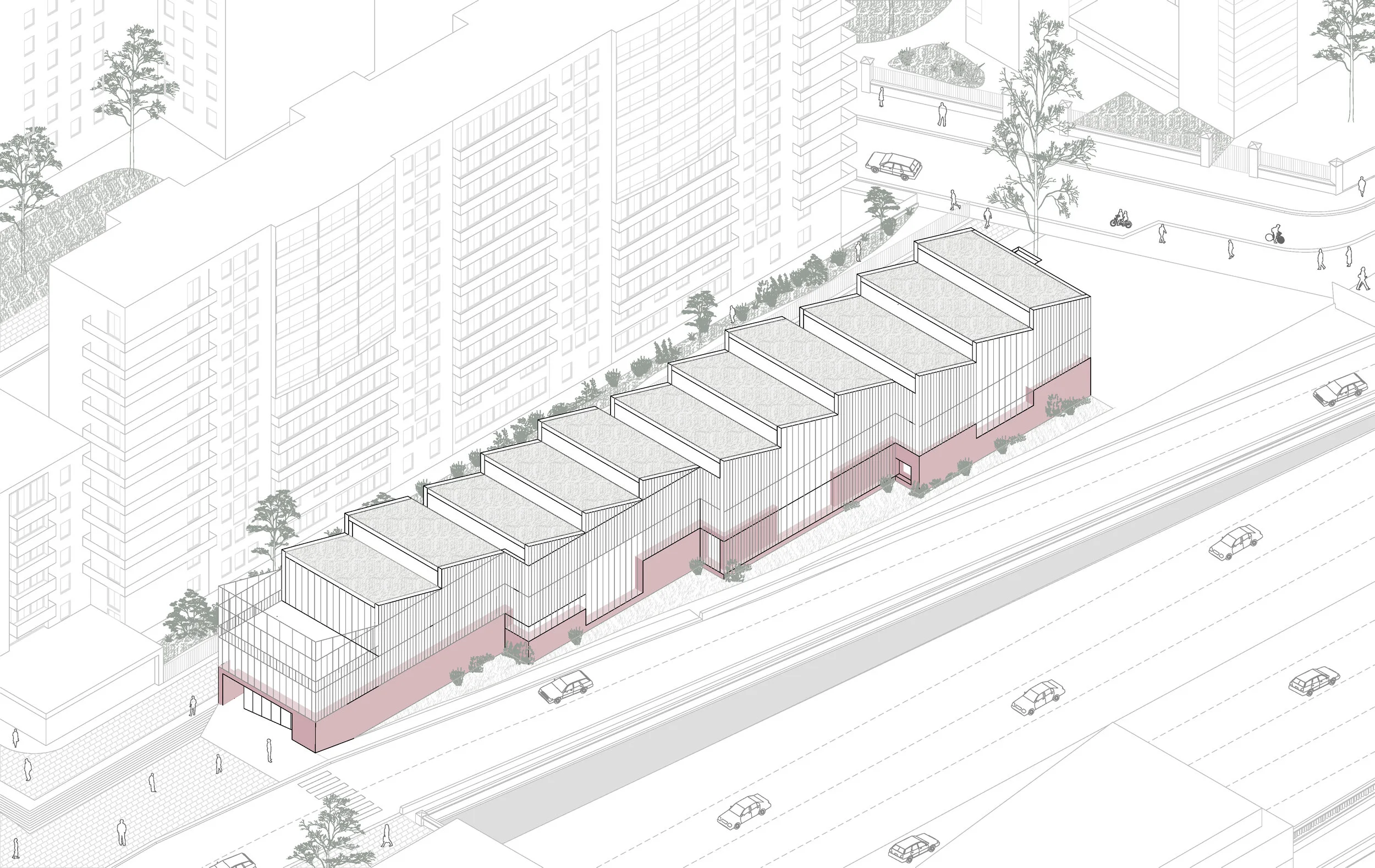 Maquette physique — parcelle fine glissée entre la barre de logements de 14 étages et le périphérique