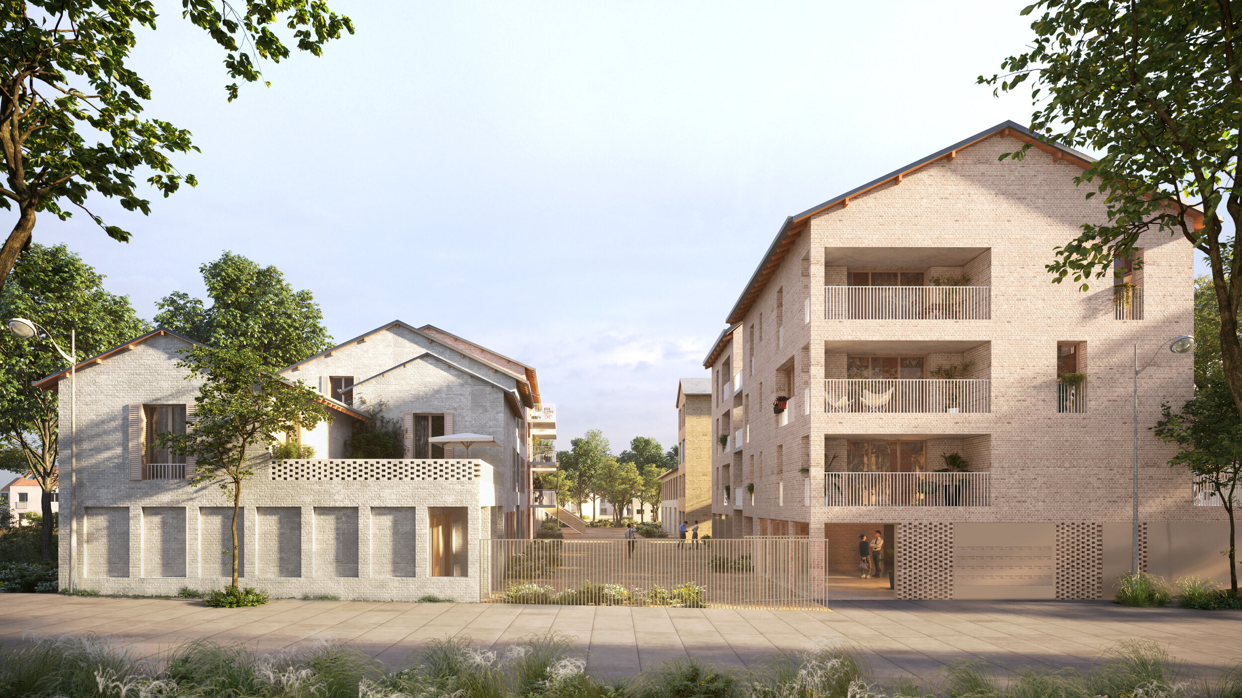 Vue d'ensemble de l'agroquartier — articulation entre quartier résidentiel existant et plaine agricole