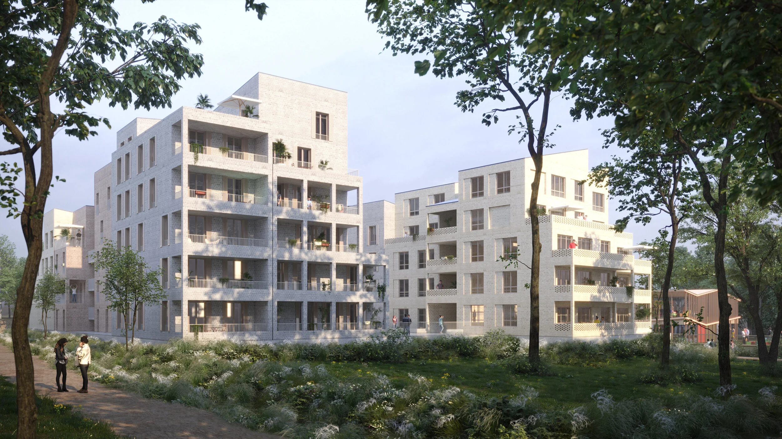 Façade sur rue — maxibrique en élément unique combinant structure et parement