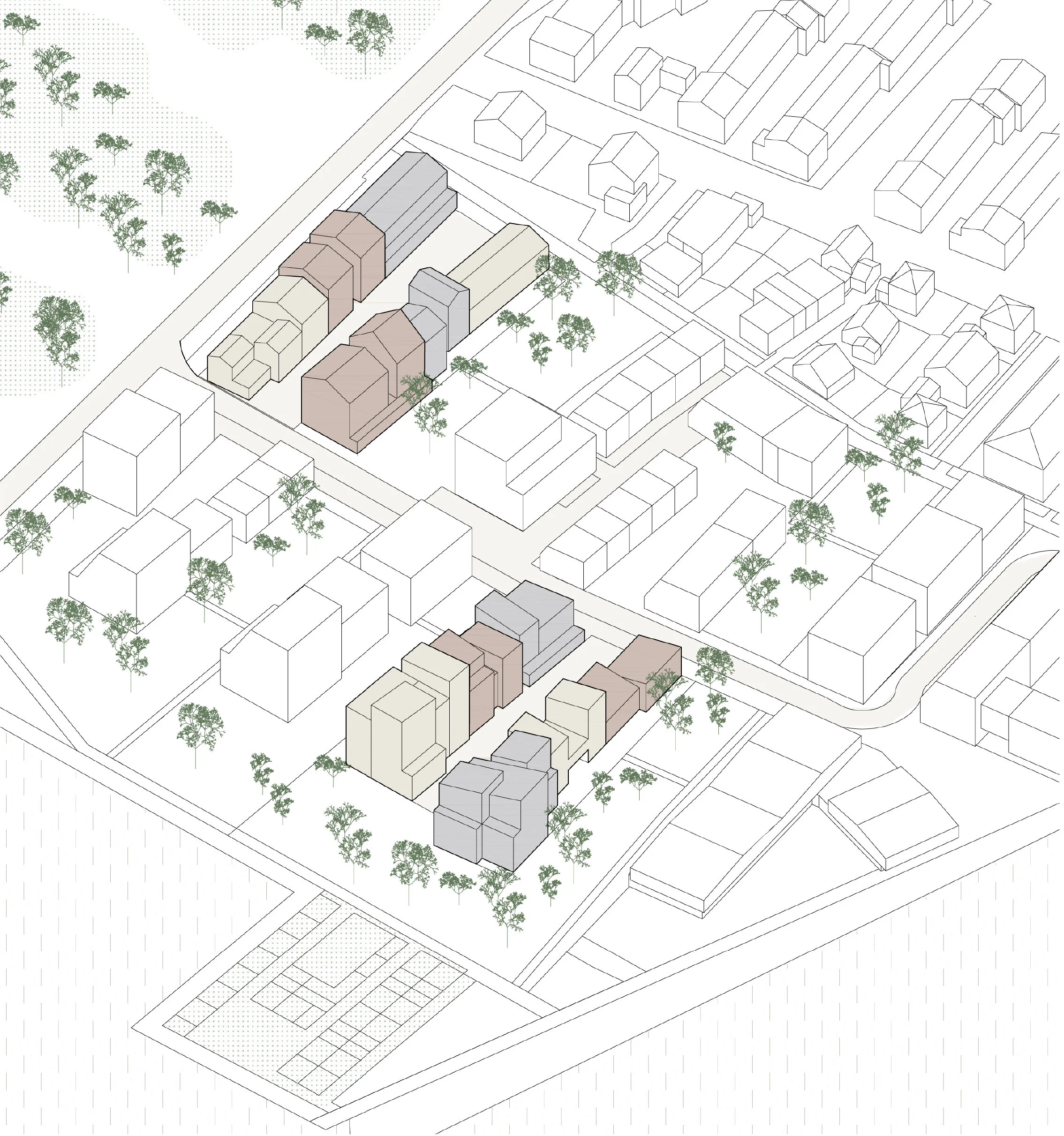 Axonométrie urbaine — implantation des deux îlots dans la plaine de Montjean
