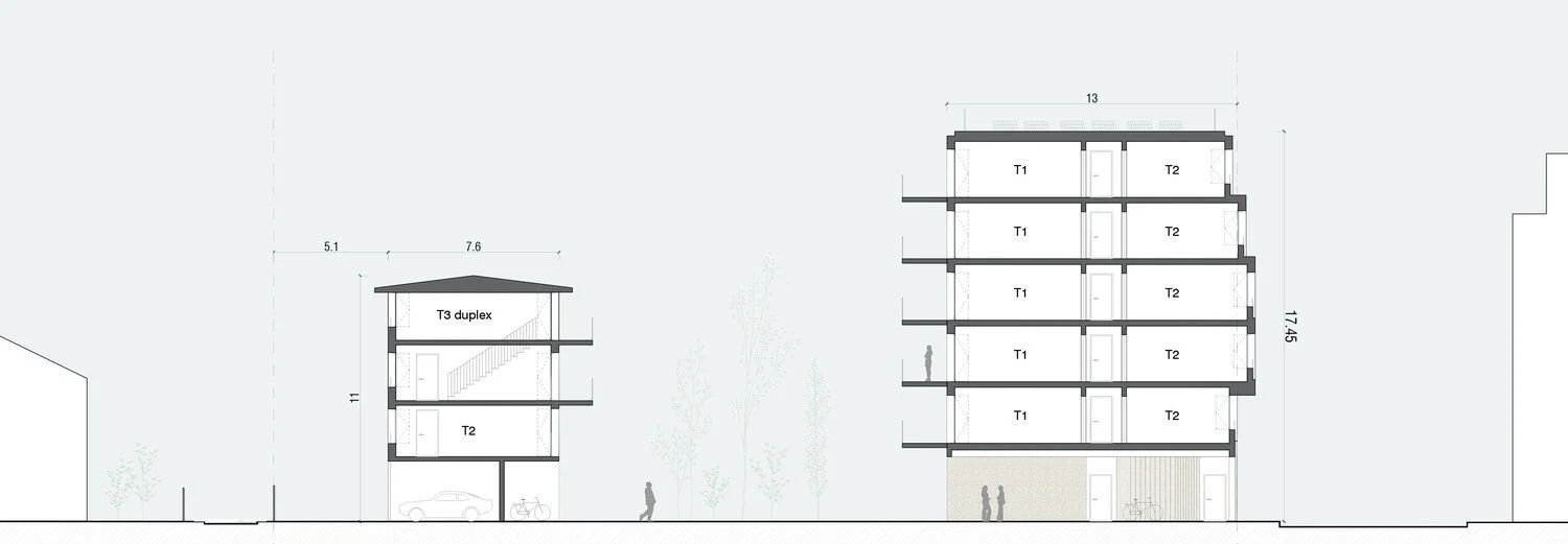 Plan du rez-de-chaussée — répartition des deux bâtiments et entrées sur la parcelle