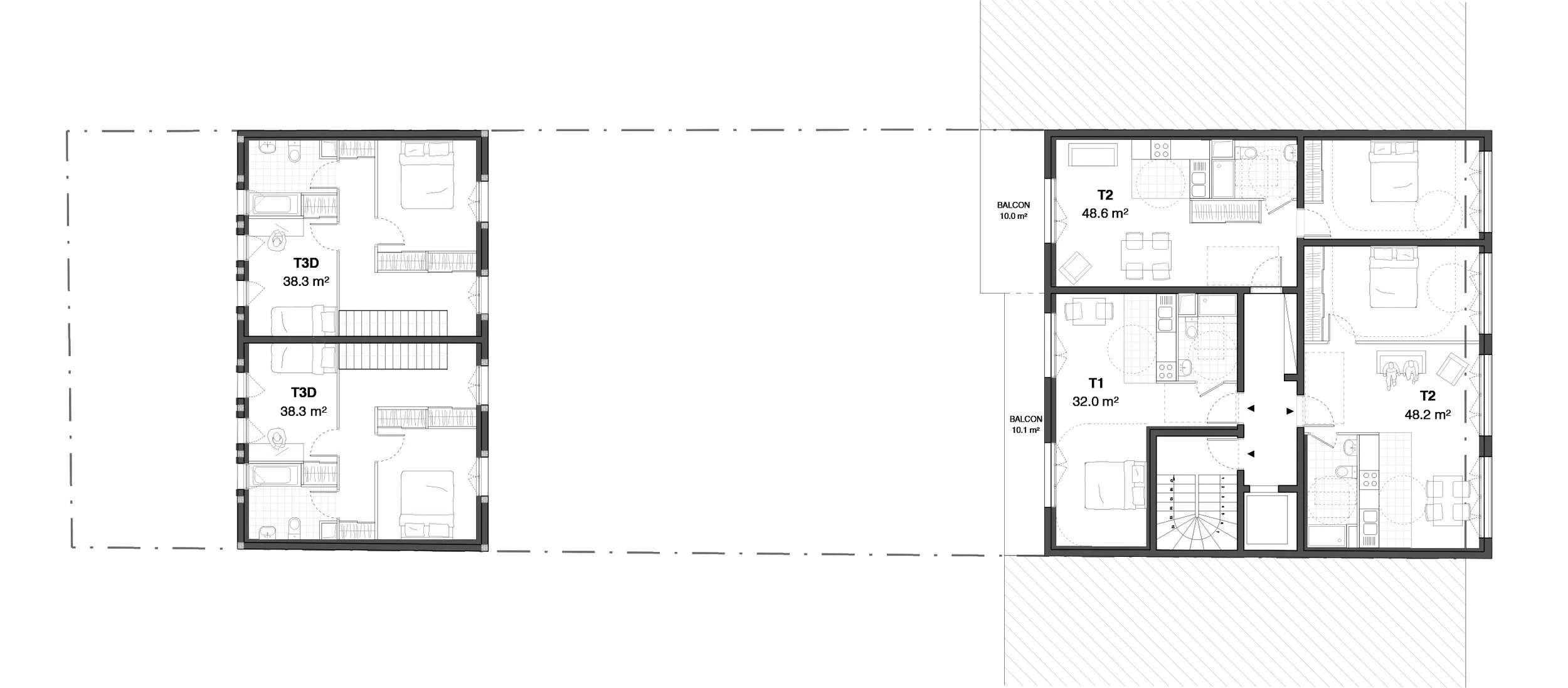 Plan R+3 — distribution des logements dans le bâtiment principal en brique blanche émaillée