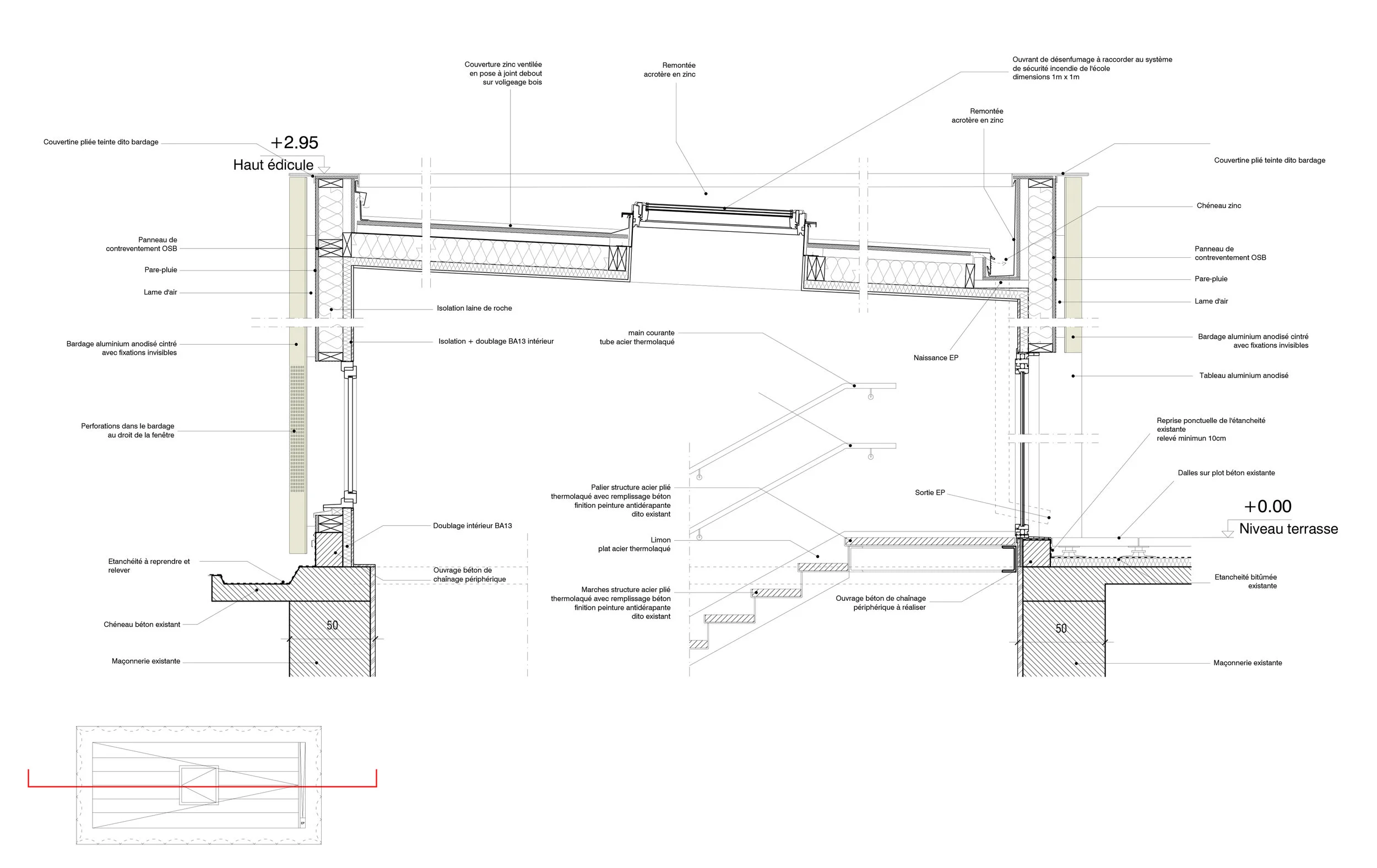 Détails techniques — surélévation de l'édicule d'escalier ouvrant un nouvel accès à la terrasse