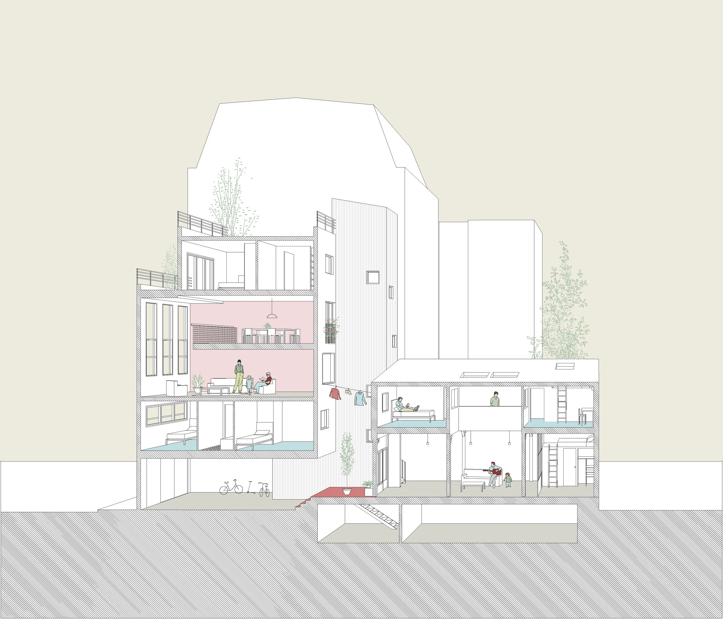 Coupe-perspective — réorganisation des circulations verticales unifiant maison et studio